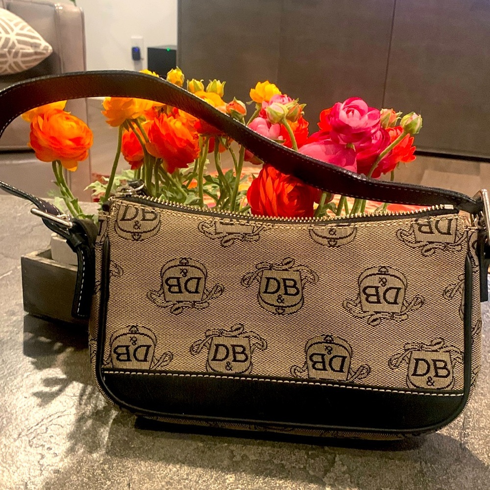 Dooney & Bourke Beige Canvas Logo Mini Shoulder Bag with Black Trim